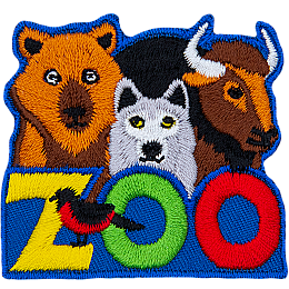 A bear, wolf and buffalo peer over the top of the word Zoo. A bird sits on the Z.