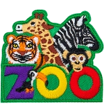 A tiger, giraffe, zebra, and monkey peer overtop of the word Zoo. A toucan sits on the Z.