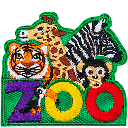 A tiger, giraffe, zebra, and monkey peer overtop of the word Zoo. A toucan sits on the Z.