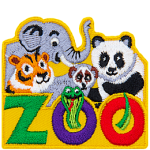 The word Zoo is at the bottom. A snake sits in the two Os. An elephant, tiger, lemur and panda look over the letters.