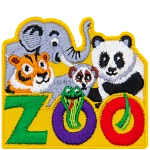 The word Zoo is at the bottom. A snake sits in the two Os. An elephant, tiger, lemur and panda look over the letters.