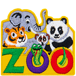 The word Zoo is at the bottom. A snake sits in the two Os. An elephant, tiger, lemur and panda look over the letters.