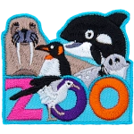The word Zoo is under a walrus, orca, seal, and penguin. A gull stands in front of the Z and O.