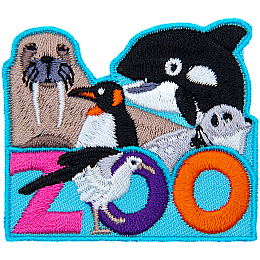 The word Zoo is under a walrus, orca, seal, and penguin. A gull stands in front of the Z and O.