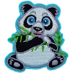 An adorable black and white panda bear is sitting up and is about to munch on a shoot of bamboo.