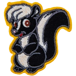This adorable skunk is sitting on its hind legs with its forelegs tucked against its belly.
