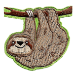 A happy sloth dangles from a branch.