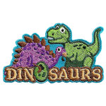 Cartoon versions of a stegosaurus and a tyrannosaurus rex stand behind the word Dinosaurs. The O in dinosaurs is an egg.