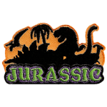 The word Jurassic is below silhouettes of many dinosaurs from the Jurrasic period. Such as the Tryanasorous Rex, Stegasaruous, and Hadrosauridae.