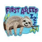 A sloth sleeps on a tree branch. The words First Asleep are at the top of the crest, and Zzz is by its head.