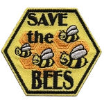 The words Save the Bees are surrounded by four bees and a honeycomb.
