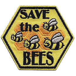 The words Save the Bees are surrounded by four bees and a honeycomb.