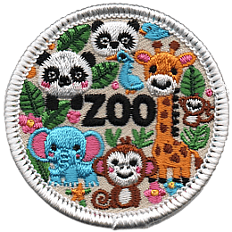 Cute animals such as pandas, a giraffe, an elephant and monkeys around the word Zoo.