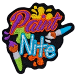 Pain splashes and two paint brushes decorate this black crest. The words Paint Nite are embroidered on top.