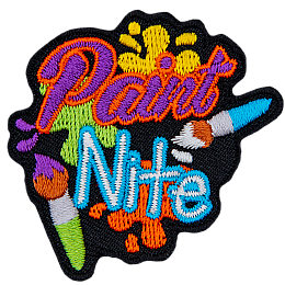 Pain splashes and two paint brushes decorate this black crest. The words Paint Nite are embroidered on top.