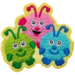 Three creatures smile happily up at the viewer. They are made of fuzzballs with arms, feet, and antennae.