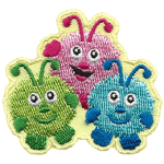 Three creatures smile happily up at the viewer. They are made of fuzzballs with arms, feet, and antennae.