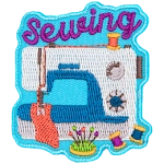 A white sewing machine stitching a piece of pink fabric sits under the word Sewing.