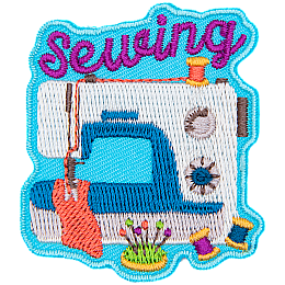 A white sewing machine stitching a piece of pink fabric sits under the word Sewing.