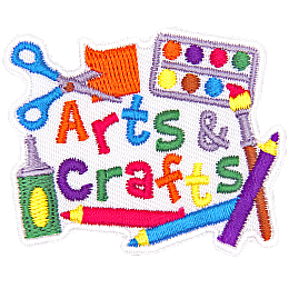 The words Arts & Crafts are surrounded by crayons, a glue bottom, scissors, and a paintbrush.