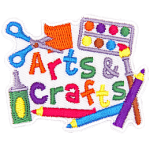 The words Arts & Crafts are surrounded by crayons, a glue bottom, scissors, and a paintbrush.