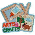 A glue bottle, popsicle sticks and a painting of a dog are next to the words arts and crafts.