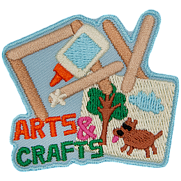 A glue bottle, popsicle sticks and a painting of a dog are next to the words arts and crafts.