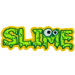 This badge spells out the word Slime. Each letter is covered in dripping green goop, and the M has two monster eyes on it.