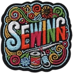 The word Sewing is surrounded by threads, a spool of thread and a sewing needle.
