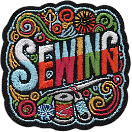 The word Sewing is surrounded by threads, a spool of thread and a sewing needle.