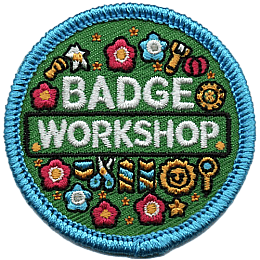 The words Badge Workshop surrounded by various sewing symbols.