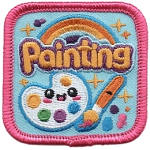 A smiling palette next to a paint brush under the word Painting with a cute rainbow.