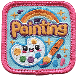 A smiling palette next to a paint brush under the word Painting with a cute rainbow.