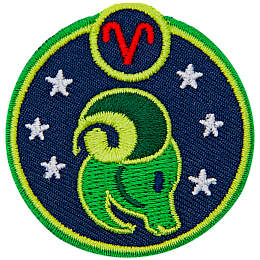 This circular crest has the side profile of a ram surrounded by stars. The sign of Aries sits above his head.
