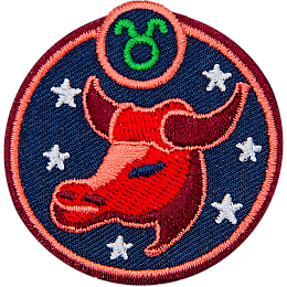 This circular crest has the side profile of a bull surrounded by stars. The sign of Taurus sits above his head.