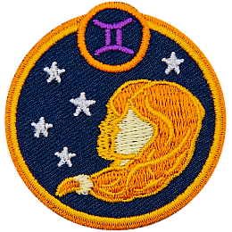 This circular crest has the side profile of two girls surrounded by stars. The sign of Gemini sits above his head.