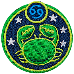 This circular crest has an image of a crab surrounded by stars. The sign of Cancer sits above his head.