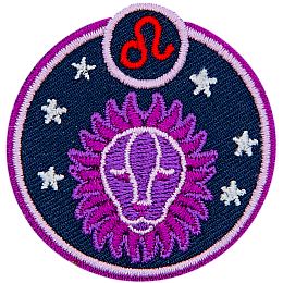 This circular crest has an image of a lion surrounded by stars. The sign of Leo sits above his head.