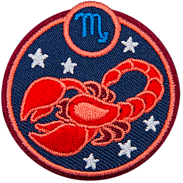 This circular crest displays a red scorpion surrounded by stars. The sign of Scorpio sits above it.