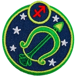 This circular crest displays a green bow and arrow surrounded by stars. The sign of Sagittarius sits above it.