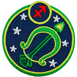 This circular crest displays a green bow and arrow surrounded by stars. The sign of Sagittarius sits above it.