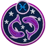 This circular crest has two fish circling each other and surrounded by stars. The sign of Pisces sits above his head.
