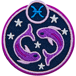 This circular crest has two fish circling each other and surrounded by stars. The sign of Pisces sits above his head.