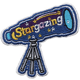 A patch of a telescope with the word Stargazing on the casing.