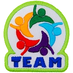 This abstract design shows the top half of five colourful human figures working together in a team.