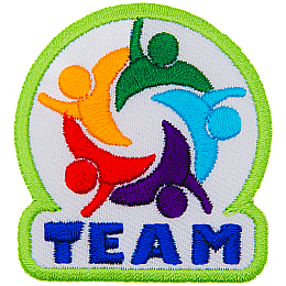 This abstract design shows the top half of five colourful human figures working together in a team.