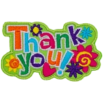 Colourful text that says Thank You sits on a background of flowers, hearts, and starbursts.