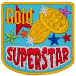 Two gold star medals are placed among different colour stars. The words Gold Superstar is embroidered on this patch.