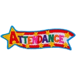 The word Attendance is in a cartoon star on a ribbon. Smaller gold stars are in the red and white ribbon behind it.