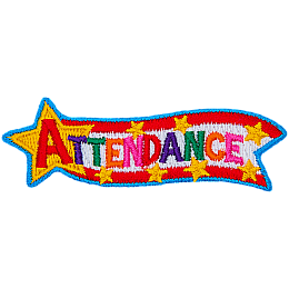 The word Attendance is in a cartoon star on a ribbon. Smaller gold stars are in the red and white ribbon behind it.